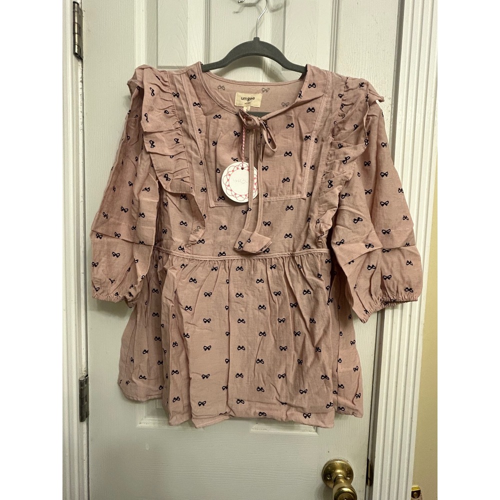 Umgee Womens Pink Bow Print Ruffle Babydoll Tunic Top Tie Neck 3/4 Sleeve L NEW
